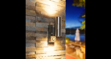 Set van 6 Jasmin Wandlampen - RVS - 2700K Warm Wit - 8 watt 690 lumen - Bewegingssensor en Schemerschakelaar - IP44 Waterdicht - Up & Downlight voor buiten