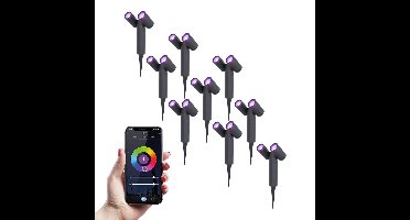 Set van 9 Pinero - Dubel Smart LED Prikspot - IP65 waterdicht - 11 Watt 690 Lumen - RGBWW - GU10 - Wifi + Bluetooth - IP65 Waterdicht - Bestuurbaar via app - Google Home, Amazon Alexa en Siri - Zwart - Tuinspots
