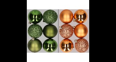12x stuks kunststof kerstballen mix van appelgroen en koper 8 cm