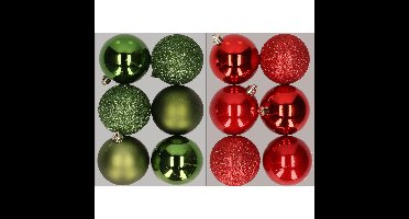 12x stuks kunststof kerstballen mix van appelgroen en rood 8 cm