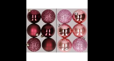 12x stuks kunststof kerstballen mix van aubergine en roze 8 cm