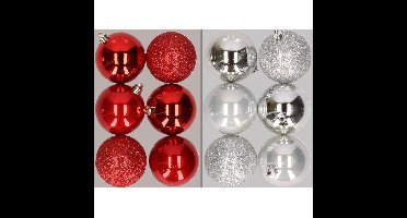 12x stuks kunststof kerstballen mix van rood en zilver 8 cm