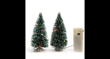 2x stuks kerstdorp onderdelen miniatuur boompjes met gekleurde verlichting 15 cm