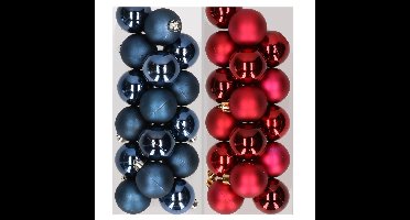 32x stuks kunststof kerstballen mix van donkerblauw en donkerrood 4 cm