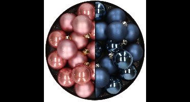 32x stuks kunststof kerstballen mix van oudroze en donkerblauw 4 cm