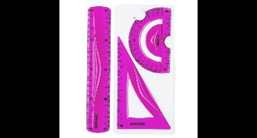 Centrum Tekenset - 3 delig - kunststof - roze - liniaal - gradenboog - tekendriehoek