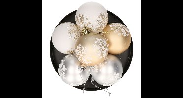 Gedecoreerde kerstballen - 6x st - 6 cm - kunststof - goud/wit/zilver