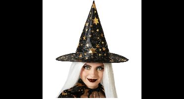 Halloween heksenhoed - met sterren - one size - zwart/goud - meisjes/dames