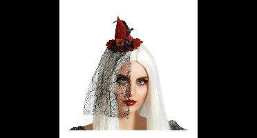 Halloween heksenhoed - mini hoedje op diadeem - one size - rood - met sluier - meisjes/dames