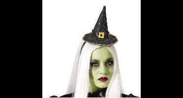 Halloween heksenhoed - mini hoedje op diadeem - one size - zwart/goud - meisjes/dames