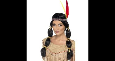Indianen damespruik - met staarten en hoofdband - zwart - synthetisch