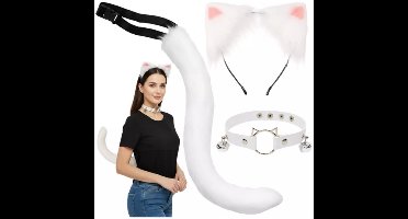 Katten verkleed kostuum - 3-delig - wit - staart, oortjes en halsband