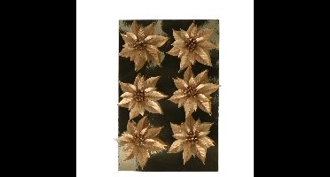 Kerstboom bloemen op clip - 6x stuks - goud - kunststof - kerstornamenten