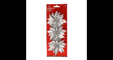 Kerstboom bloemen op clip - 6x stuks - zilver - kunststof - kerstornamenten