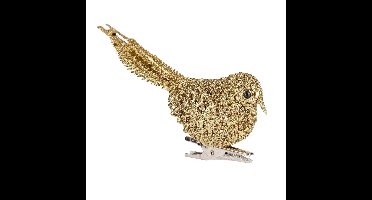 Kerstboom decoratie vogel - goud - op clip - 12 cm - kunststof - glitters