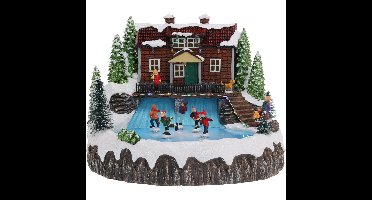 Kerstdorp huis met bewegende schaatsers, muziek en licht - 29x28x23 cm