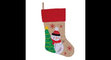 Kerstsok - beige/rood - met sneeuwpop print - 46 cm