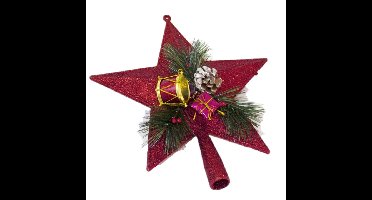 Kunststof kerstboom ster piek rood 21 cm - Kerstpieken met decoratie