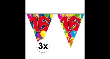 Leeftijd slinger - 3x - 16 jaar - 10 meter - versiering vlaggenlijn / vlaggetjes