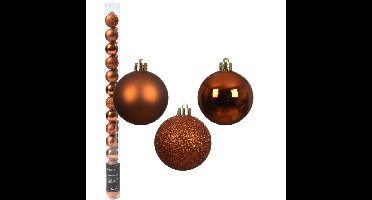 Mini kerstballen - 14x st - koper/cognac bruin - D3 cm - kunststof - kerstversiering