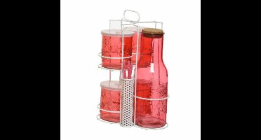 Rode karaf/sapkan/schenkkan 1 liter met 4 drinkglazen met deksel en rietje