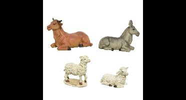 Set van 4 stuks polystone dierenbeeldjes os, ezel en schapen 12 cm