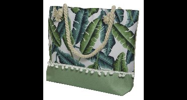 Strandtas met handvat groen met bladeren polyester 45 x 35 cm