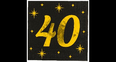 Verjaardag feest servetten - leeftijd 40 jaar - 16x stuks - zwart/goud - sterren - 33 x 33 cm
