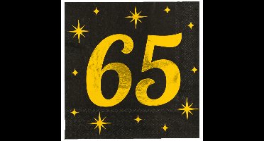 Verjaardag feest servetten - leeftijd 65 jaar - 16x stuks - zwart/goud - sterren - 33 x 33 cm