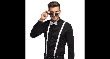 Boland party Carnaval verkleed set - bretels/party bril/vlinderstrikje - wit - volwassenen