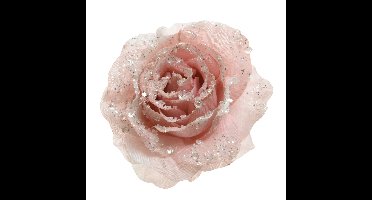 Decoris Kerst decoratie roos - op clip - roze - D14 cm - kunststof
