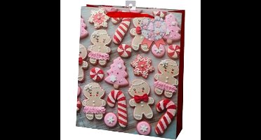 Gerimport Kerst cadeau tasje - 24 cm - peperkoek mannetje en vrouwtje