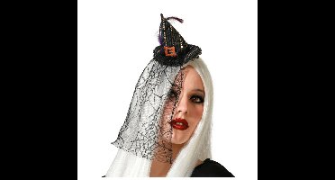Halloween heksenhoed - mini hoedje op diadeem - one size - zwart - met sluier - meisjes/dames
