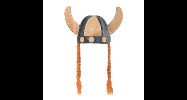 Rubies Carnaval verkleed Viking helm - grijs/oranje - met hoorns - polyester - heren - met vlechten