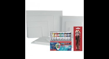 Schildersdoek van 30 x 30 cm met penselen en setje acryl verf