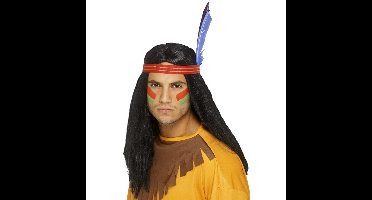 Smiffys indianen verkleedpruik - zwart - met hoofdband - heren