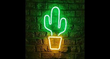 LED Neon Wandlamp "Cactus", Op USB, 47x26x2cm, Groen / Geel