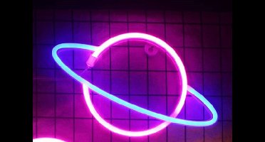 LED Neon Wandlamp "Planeet", Op Batterijen en USB, 30x18x2cm, Blauw/Roze