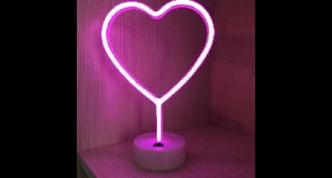 LED Neon Tafellamp "Hart", Op Batterijen en USB, 20x10x29cm, Roze