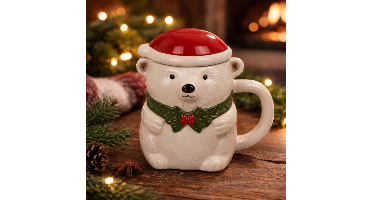 IJsbeer Mok - Kerstmuts Deksel - 380 ml - Keramiek