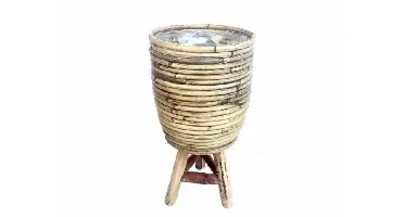 Rotan plantenmand met plastic op poten grijs 18x28cm