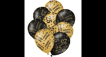 12x stuks leeftijd verjaardag ballonnen 25 jaar en happy birthday zwart/goud