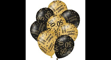 12x stuks leeftijd verjaardag ballonnen 50 jaar en happy birthday zwart/goud