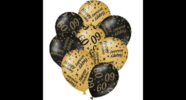 12x stuks leeftijd verjaardag ballonnen 60 jaar en happy birthday zwart/goud