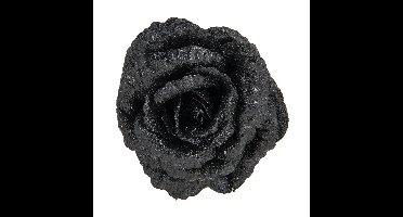 1x stuks decoratie bloemen roos zwart glitter op clip 15 cm