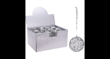 1x Zilveren glitter draad/rotan look kerstballen kunststof 9 cm