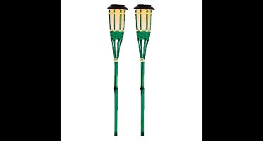 2x Groene buiten/tuin Led fakkel Bodi solar verlichting 54 cm vlam