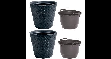 2x Kunststof Matuba rotan bloempotten/plantenpotten antraciet 40 cm inclusief binnenpot