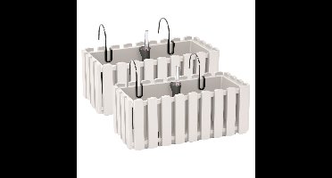 2x stuks fence-look plantenbak/bloembak - kunststof - 38 x 18 x 16 cm - wit - hangend