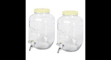 2x stuks glazen drankdispensers/limonadetap met geel/wit geblokte dop 4 liter